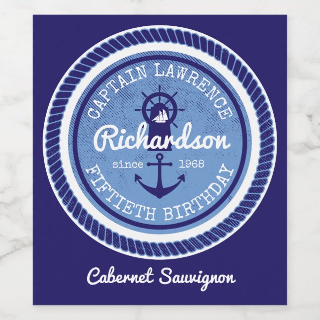 Captain Nautical Rope Anchor Helm zum 50. Geburtst Weinetikett (Einzelnes Label)