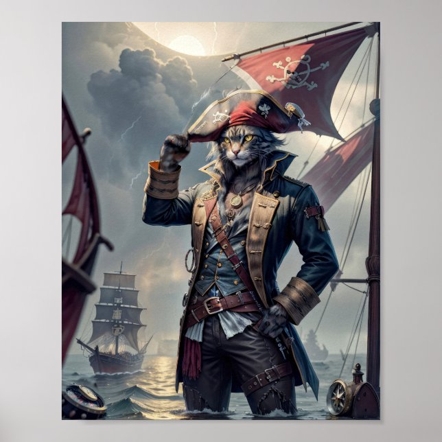 Captain Pirate Katze auf einer untergehenden Galer Poster (Vorne)