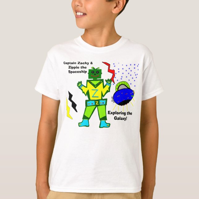 Captain Zacky Green Robot Zippie Spaceship Shirt (Vorderseite)