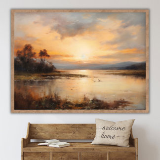 Captivating Sunset Landscape Painting, River lands Poster