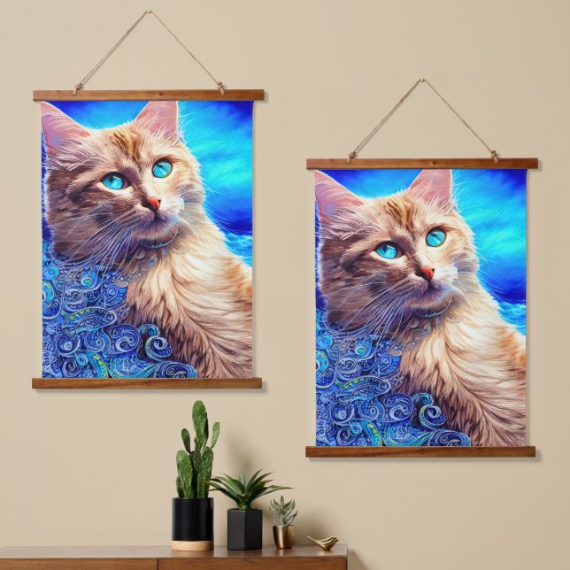 Captivitative Octopus Blue Ocean Wave Fauvism Wandteppich Mit Holzrahmen (Asymmetrisch)