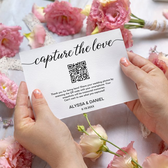 Capture the Liebe QR Code Hochzeit Foto Sharing Begleitkarte (Wedding photo sharing "Capture the love" QR code.)