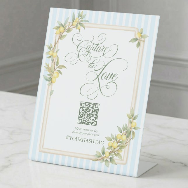 Capture the Love Coastal Lemon Hochzeit QR Code Sockelschild (coastal lemon pale blue stripe capture the love photo sharing hashtag qr code wedding pedestal sign)