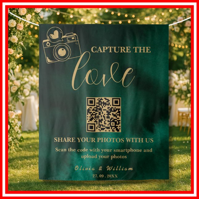 Capture The Love Smaragdgrün & Gold QR Hintergrund Wandteppich (Von Creator hochgeladen)