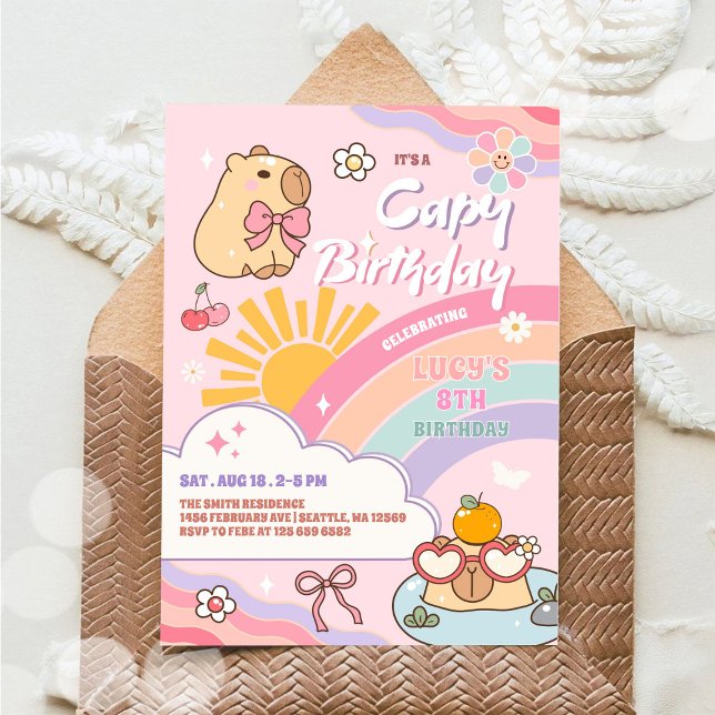 Capy Birthday Groovy Rainbow Sun Birthday Einladung (Von Creator hochgeladen)