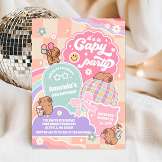 Capy Party Retro Groovy Daisy Birthday Invitation Einladung
