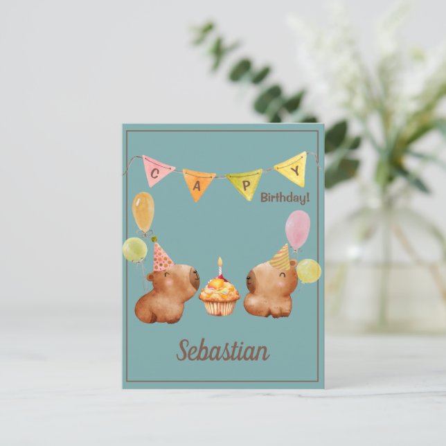 Capybara Adventure Birthday Party Postkarte (Stehend Vorderseite)