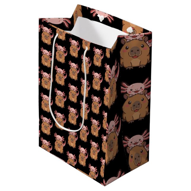 Capybara Axolotl Kawaii Animal Lover Zoo Day Mittlere Geschenktüte (Vorderseite Schrägansicht)