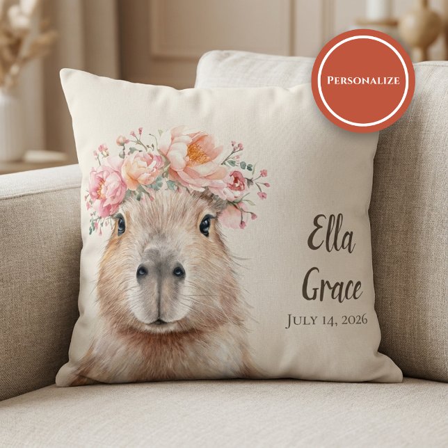 Capybara Baby Nursery • Personalized  Kissen (soft nursery pillow with floral capybara illustration on beige sofa setting)
