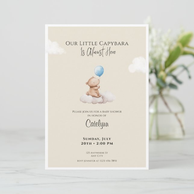 Capybara Baby Shower Invitation Cloud and Balloon Einladung (Stehend Vorderseite)