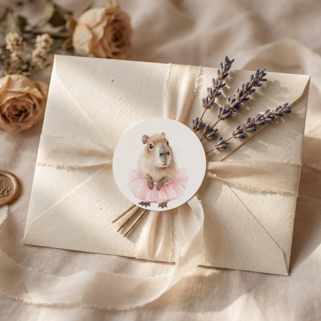Capybara Baby Shower  Runder Aufkleber (watercolor baby shower sticker with pink tutu capybara on soft white background)