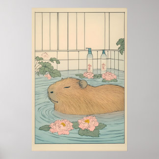 Capybara Bath Print Japanese Ukiyo-e Animal Art Poster