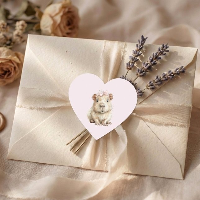 Capybara Birthday Herz-Aufkleber (heart sticker with cute capybara on cream envelope with lavender and soft fabric background)