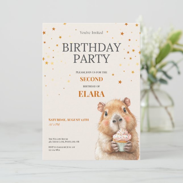 Capybara Birthday Invitation • 2nd Birthday Save The Date (Stehend Vorderseite)