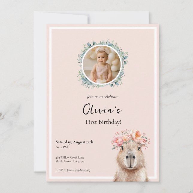 Capybara Birthday Invitation • Cute First Birthday (Vorderseite)