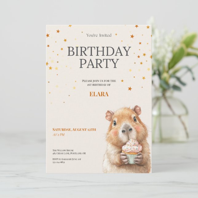 Capybara Birthday Invitation • Cute First Birthday Save The Date (Stehend Vorderseite)
