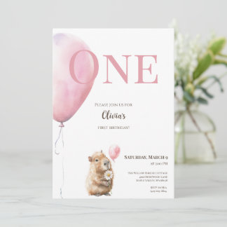 Capybara Birthday Invitation • Pink Balloon