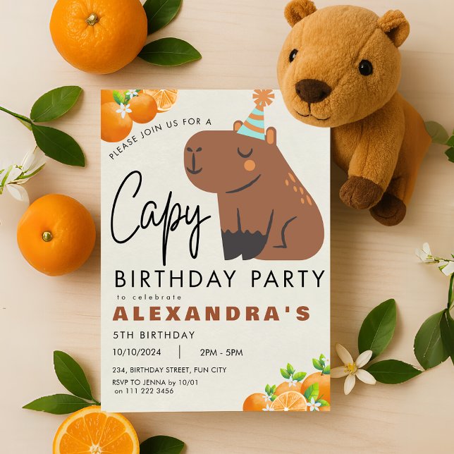 Capybara Birthday Niedlich Orange Mandarine Capiba Einladung (Capybara Birthday Cute Orange Tangerine Capibara Invitation)