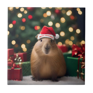 "Capybara Claus: Ein festliches Bokeh-Wunderland" Fliese