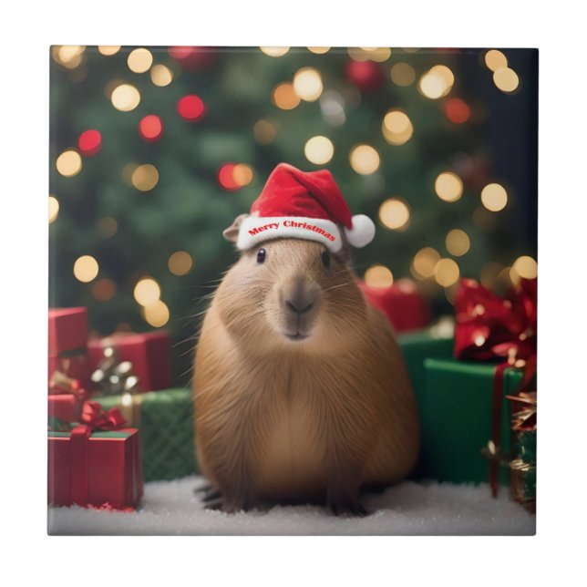 "Capybara Claus: Ein festliches Bokeh-Wunderland" Fliese (Vorderseite)