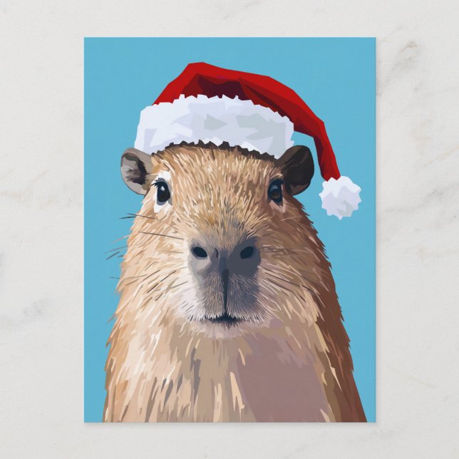 Capybara feierlich in Weihnachtsmannmütze Postkarte (Vorderseite)