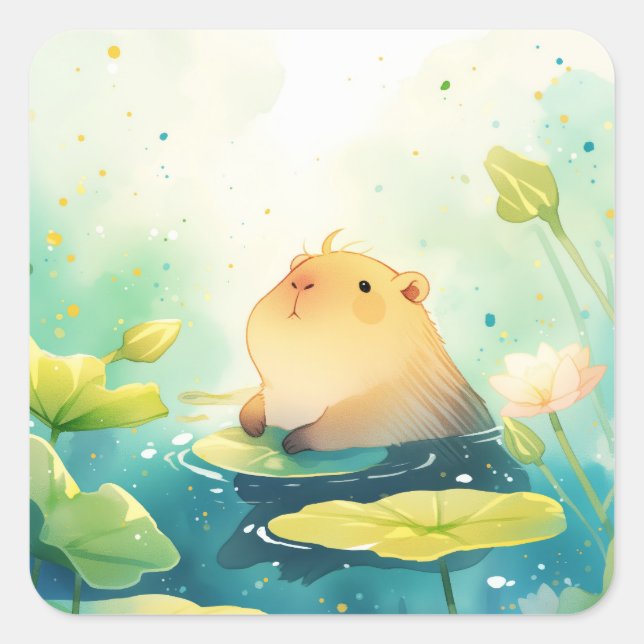 Capybara Floating in Bliss Quadratischer Aufkleber (Vorderseite)