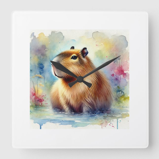 Capybara in the Light 161024AREF145 - Watercolor Quadratische Wanduhr (Vorderseite)