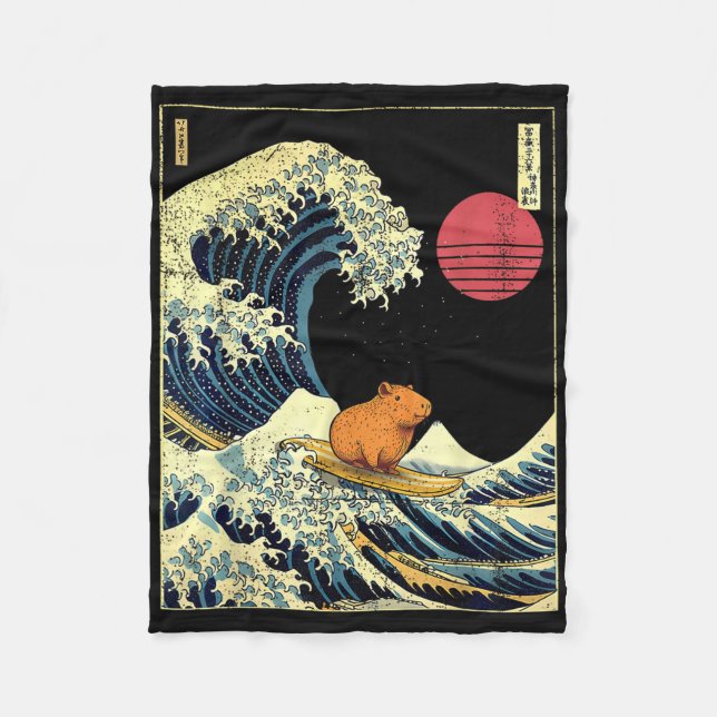 Capybara Japanese Kanagawa Wave Funny Surf Animal  Fleecedecke (Vorderseite)