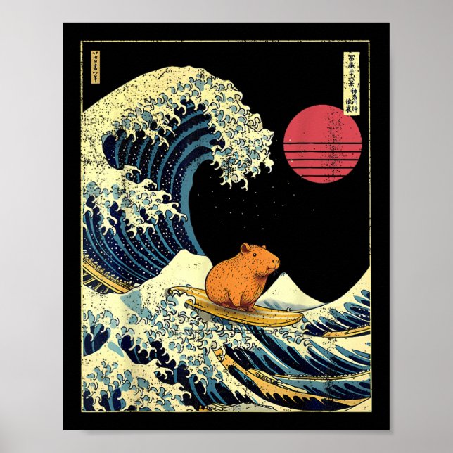 Capybara Japanese Kanagawa Wave Funny Surf Animal  Poster (Vorne)
