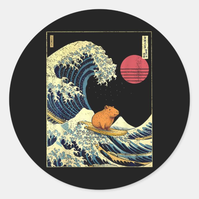 Capybara Japanese Kanagawa Wave Funny Surf Animal  Runder Aufkleber (Vorderseite)