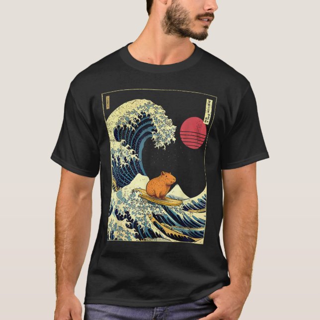 Capybara Japanese Kanagawa Wave Funny Surf Animal  T-Shirt (Vorderseite)