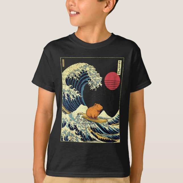 Capybara Japanese Kanagawa Wave Funny Surf Animal  T-Shirt (Vorderseite)