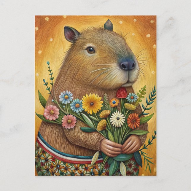 Capybara mit Blume Volkskunst Postkarte (Vorderseite)