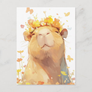 Capybara mit gelber Blumenkrone und Schmetterlinge Postkarte