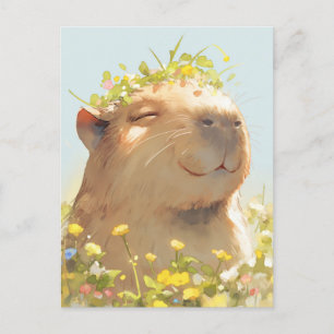 Capybara mit grünem Wildblumenkranz auf einer Wies Postkarte