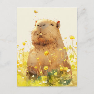 Capybara mit Schmetterling auf einer Wildblumenwie Postkarte