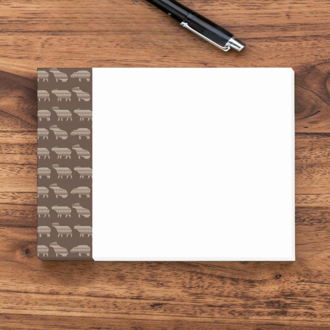 Capybara Muster Post-It Notes Klebezettel (A notepad with a side bar border of graphic capybara silhouettes and geometric shapes in brown.)