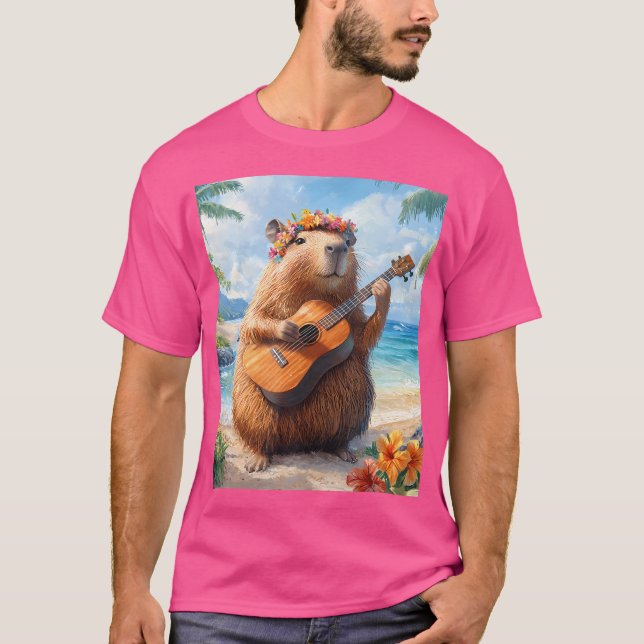 Capybara Playing Guitar Ukulele Beach Hawaii Funny T-Shirt (Vorderseite)