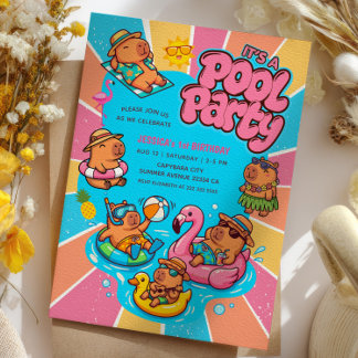 Capybara-Poolparty Farbige Sonnenstrahlen 1. Gebur Einladung