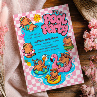 Capybara-Poolparty-Karo-Rosa 1. Geburtstag Einladung