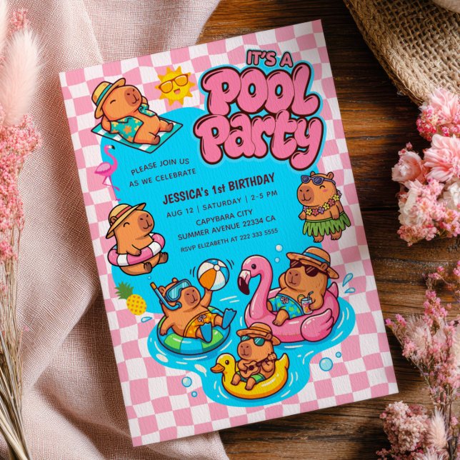 Capybara-Poolparty-Karo-Rosa 1. Geburtstag Einladung (Von Creator hochgeladen)