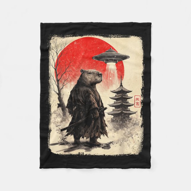 Capybara Samurai Retro Ufo Japanese Warrior Tenshu Fleecedecke (Vorderseite)