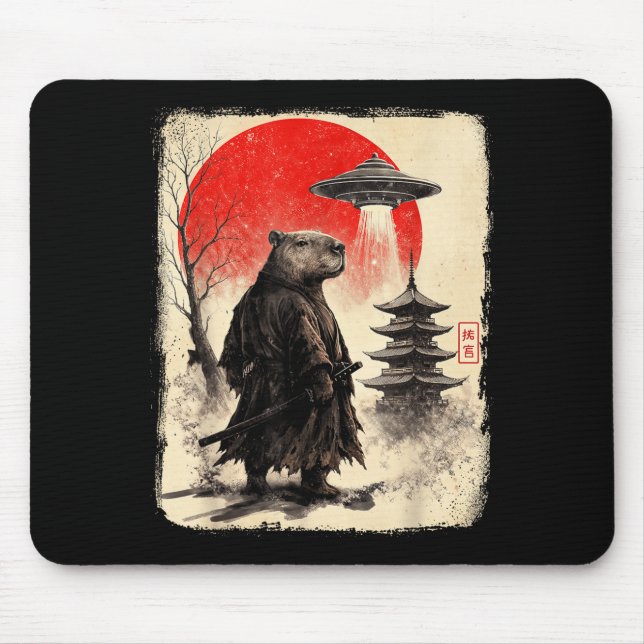 Capybara Samurai Retro Ufo Japanese Warrior Tenshu Mousepad (Vorne)