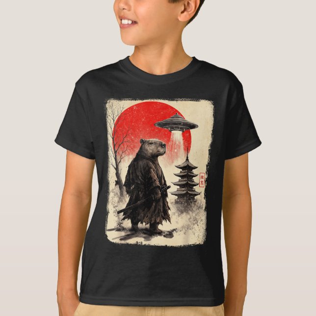 Capybara Samurai Retro Ufo Japanese Warrior Tenshu T-Shirt (Vorderseite)