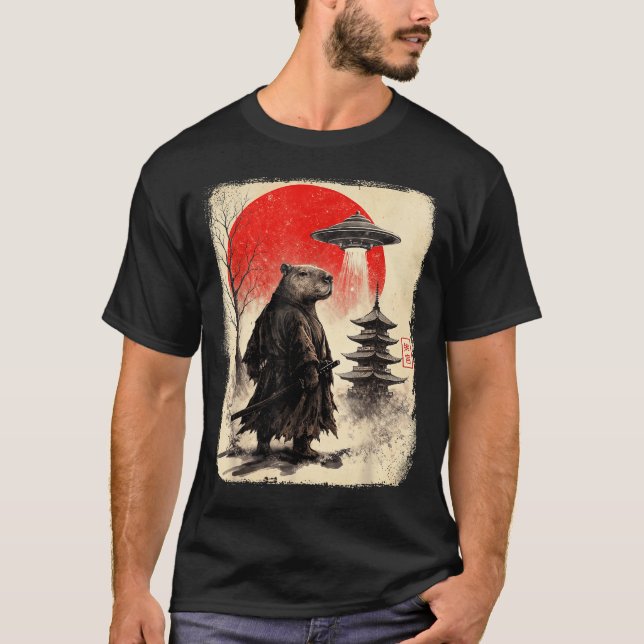 Capybara Samurai Retro Ufo Japanese Warrior Tenshu T-Shirt (Vorderseite)