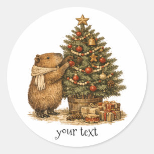 Capybara schmückt Weihnachtsbaum Cozy Retro Gesche Runder Aufkleber