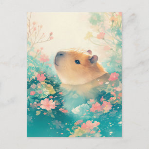 Capybara Schwimmt im rosa Wildblumen Teich Postkarte