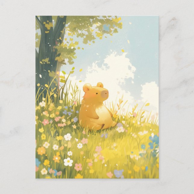 Capybara sitzt auf einer Wiesenblumenwiese unter e Postkarte (Vorderseite)