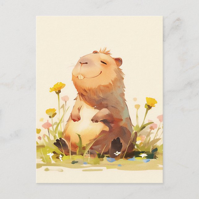 Capybara sitzt im gelben Wildblumengarten Postkarte (Vorderseite)