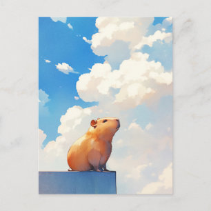 Capybara sitzt unter blauem Himmel und weißen Wolk Postkarte